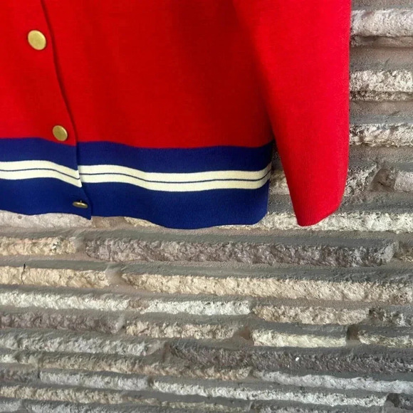 Women's Vintage Italian 100% Wool Red Blue Striped Cardigan Sweater Size 12 - Picture 7 of 9